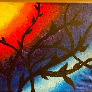 Acrylic painting of shadowed trees at sunset. Original artwork